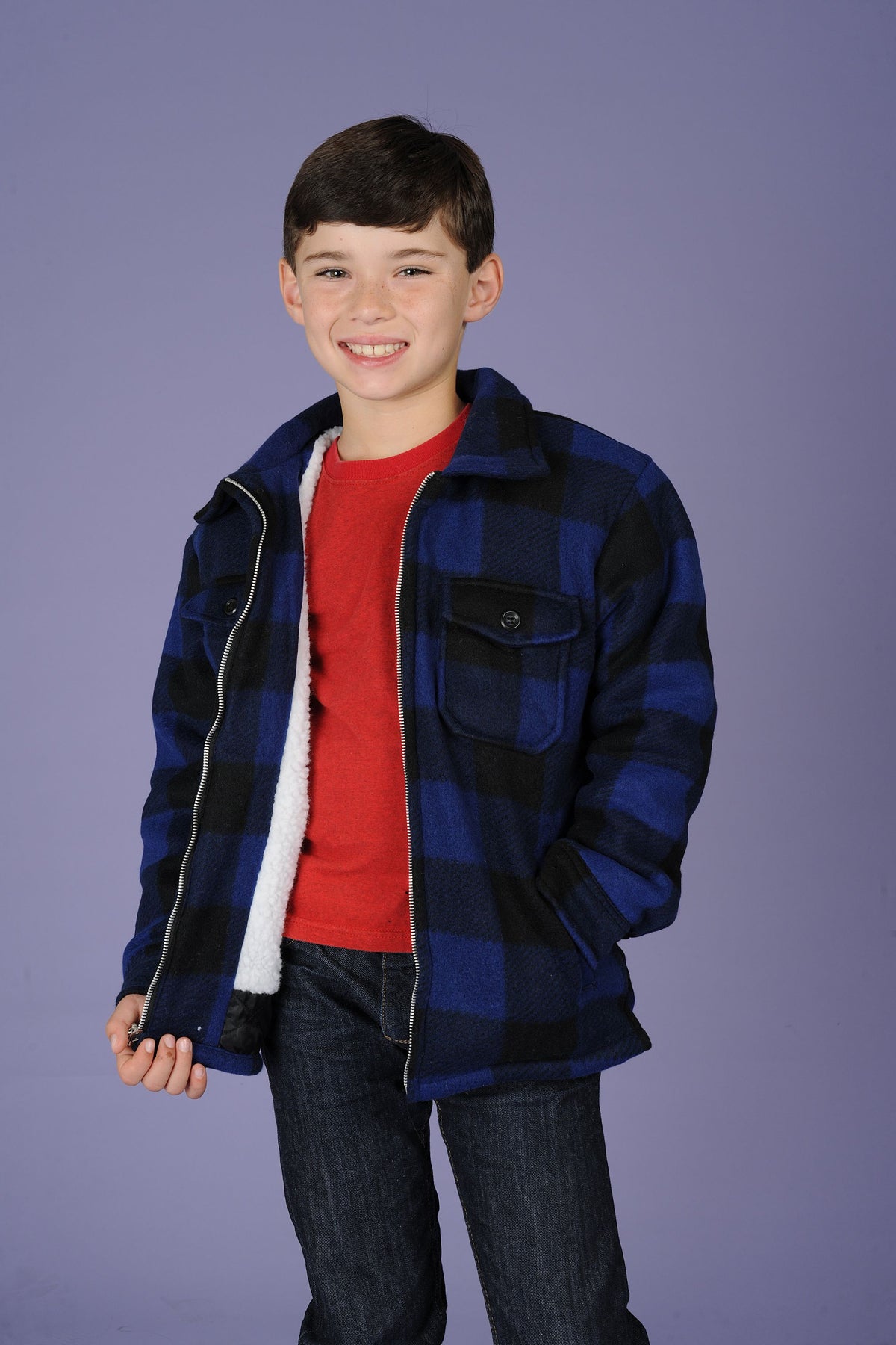 Maxxsel Apparel K9309 kids' buffalo plaid sherpa lined jacket in dark blue prepack