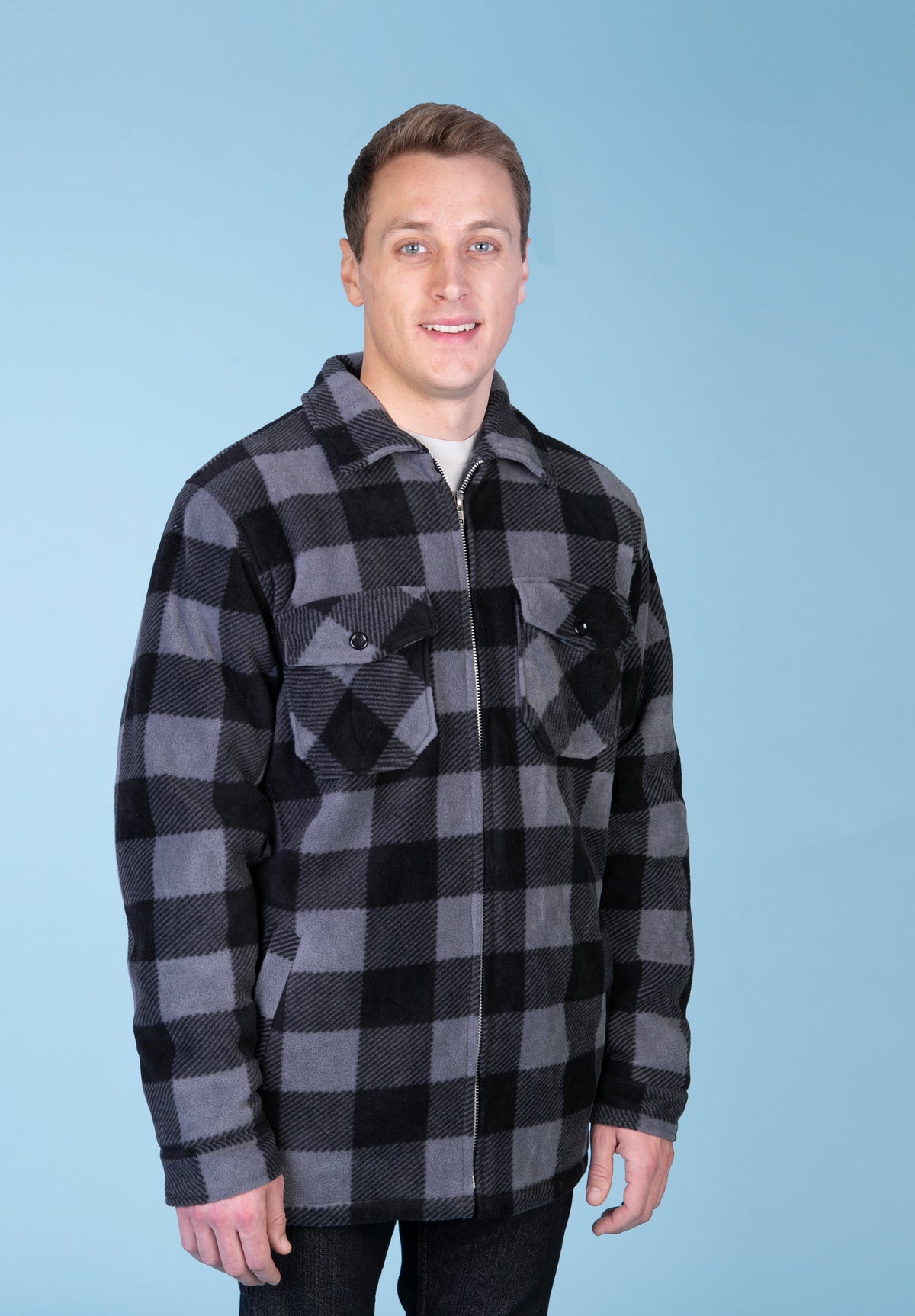 Maxxsel Apparel M9109T men's big and tall buffalo plaid sherpa lined fleece jacket in charcoal