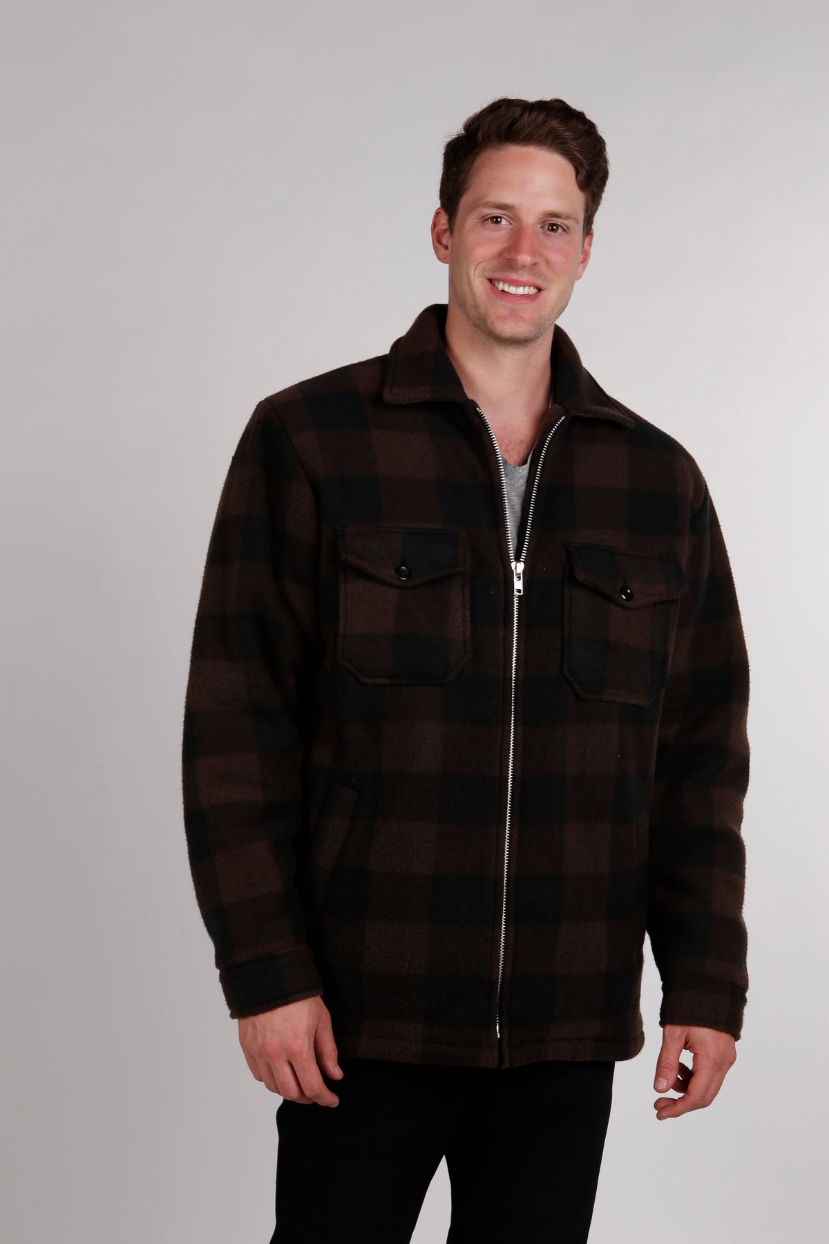 Maxxsel Apparel M9109 men's buffalo plaid sherpa lined fleece jacket in brown