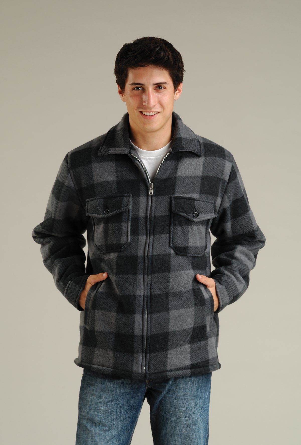 Maxxsel Apparel M9109 men's buffalo plaid sherpa lined fleece jacket in charcoal
