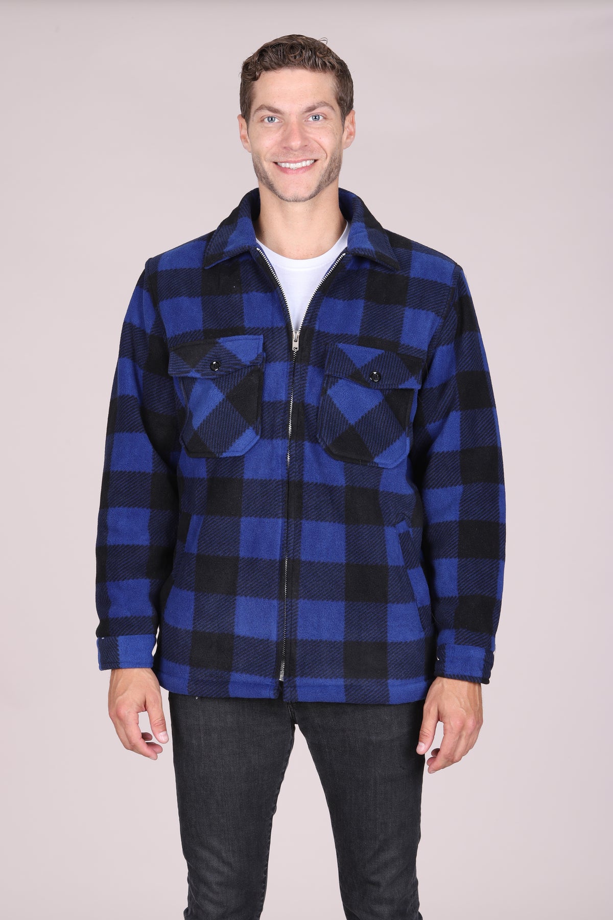 Maxxsel Apparel M9109 men's buffalo plaid sherpa lined fleece jacket in dark blue