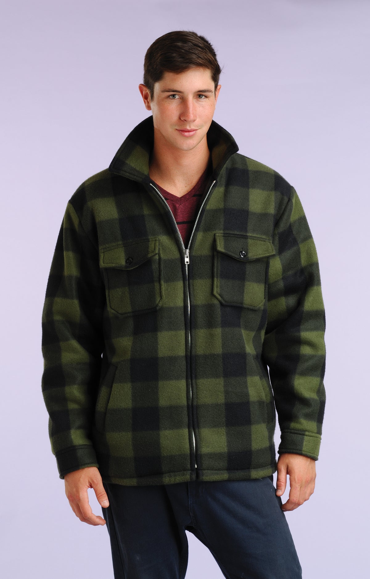 Maxxsel Apparel M9109 men's buffalo plaid sherpa lined fleece jacket in dark green