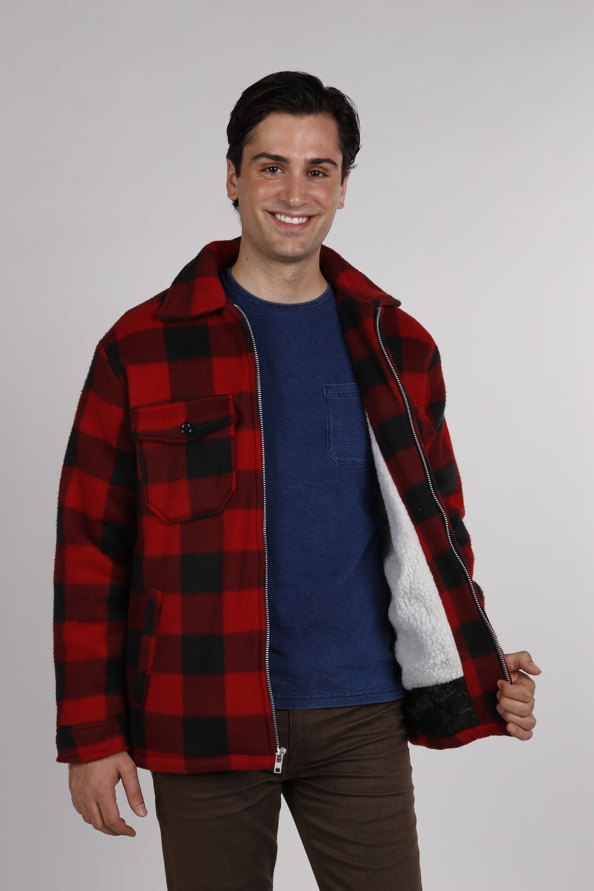 Maxxsel Apparel M9109 men's buffalo plaid sherpa lined fleece jacket in red
