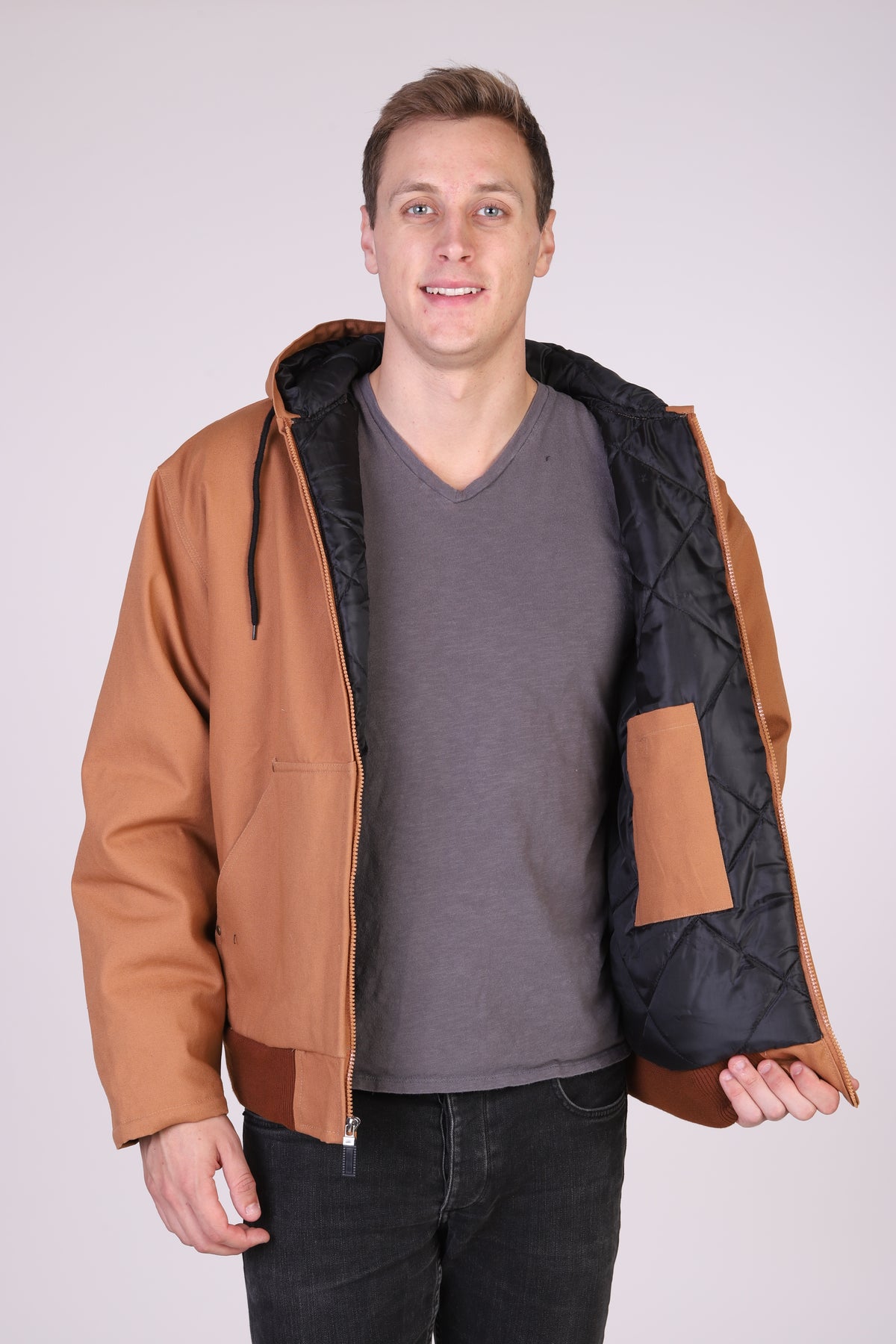 Maxxsel Apparel M7008 men's canvas work jacket in brown, quilted lining detail