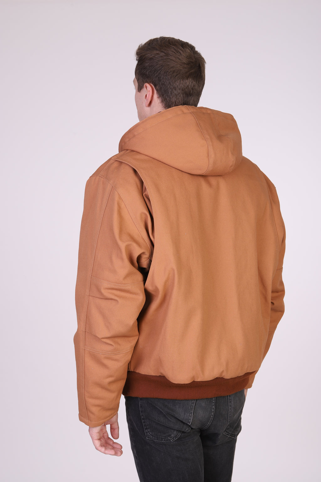 Maxxsel Apparel M7008 men's heavy duty canvas work jacket in brown, back view