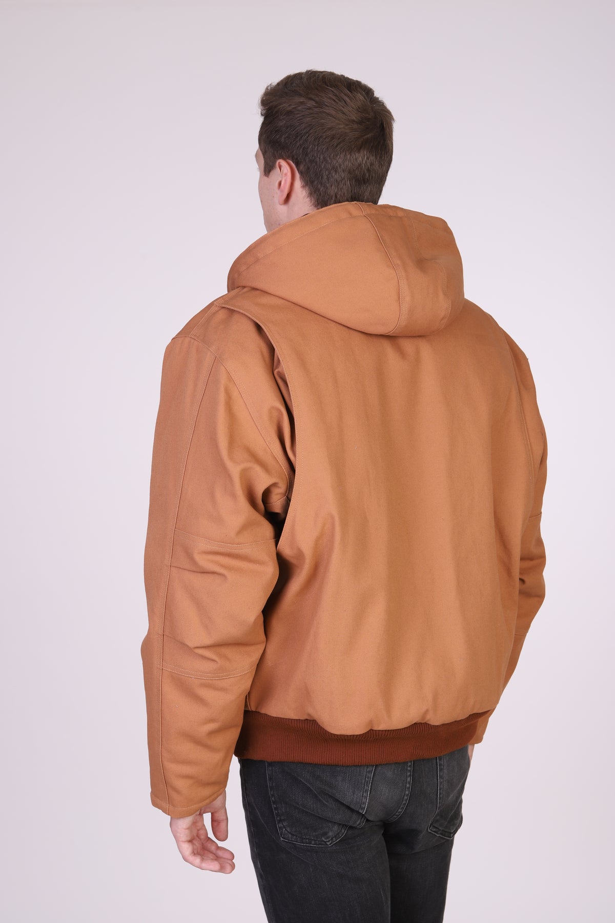 Maxxsel Apparel M7008 men's heavy duty canvas work jacket in brown, back view