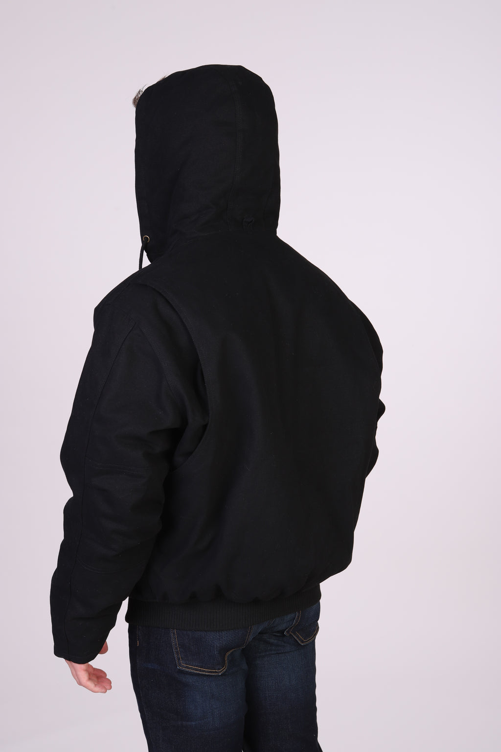 Maxxsel Apparel M7008 men's hooded canvas work jacket in black, sleeve detail