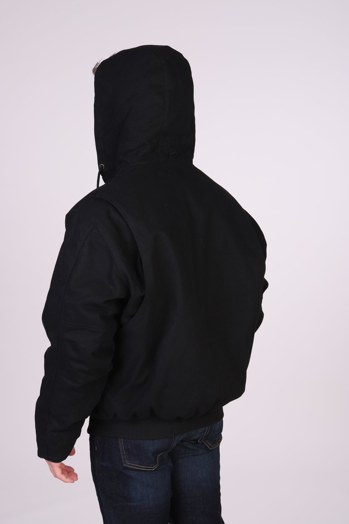 Maxxsel Apparel M7008 men's hooded canvas work jacket in black, sleeve detail