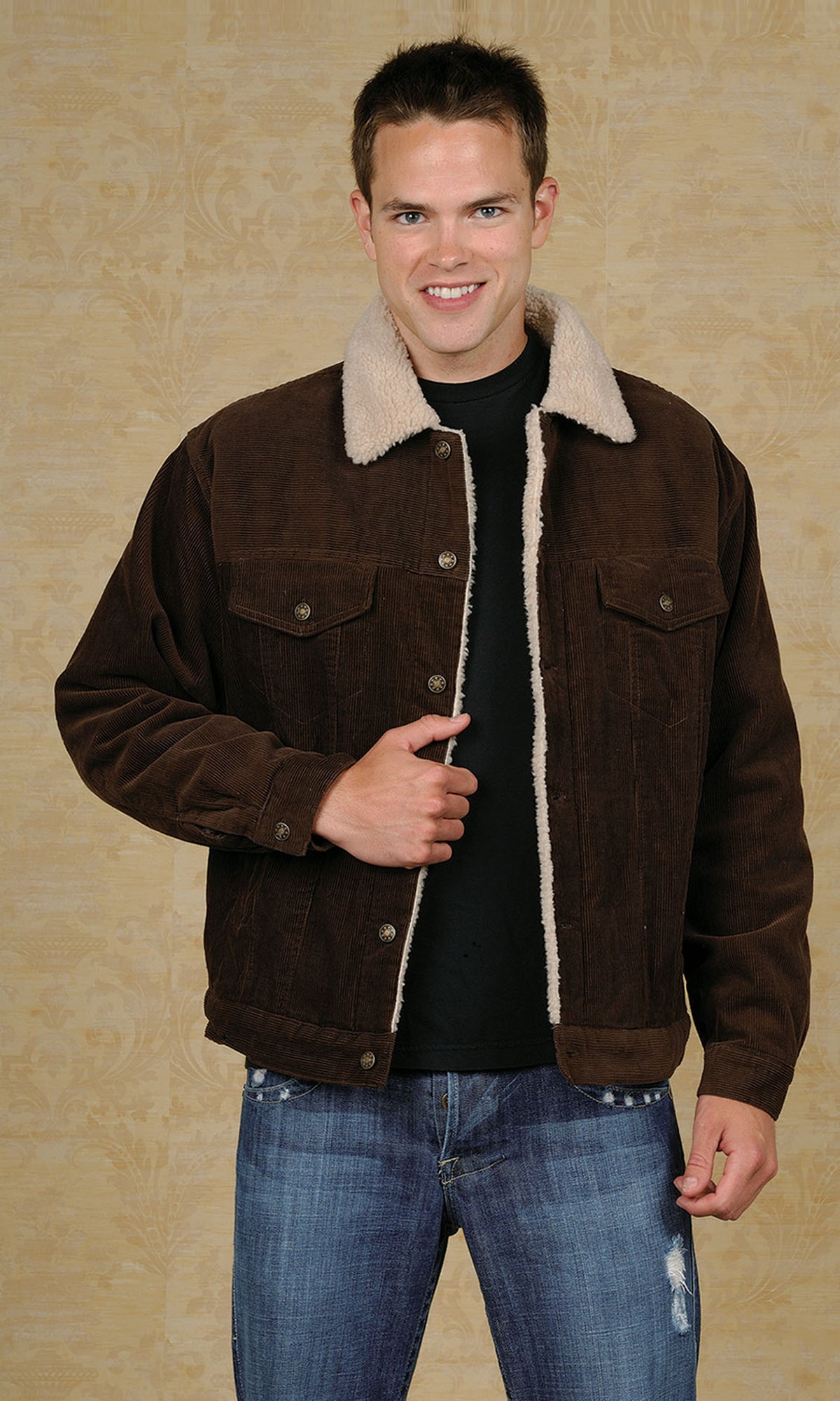 Maxxsel Apparel M0323 men's sherpa lined corduroy jacket in brown