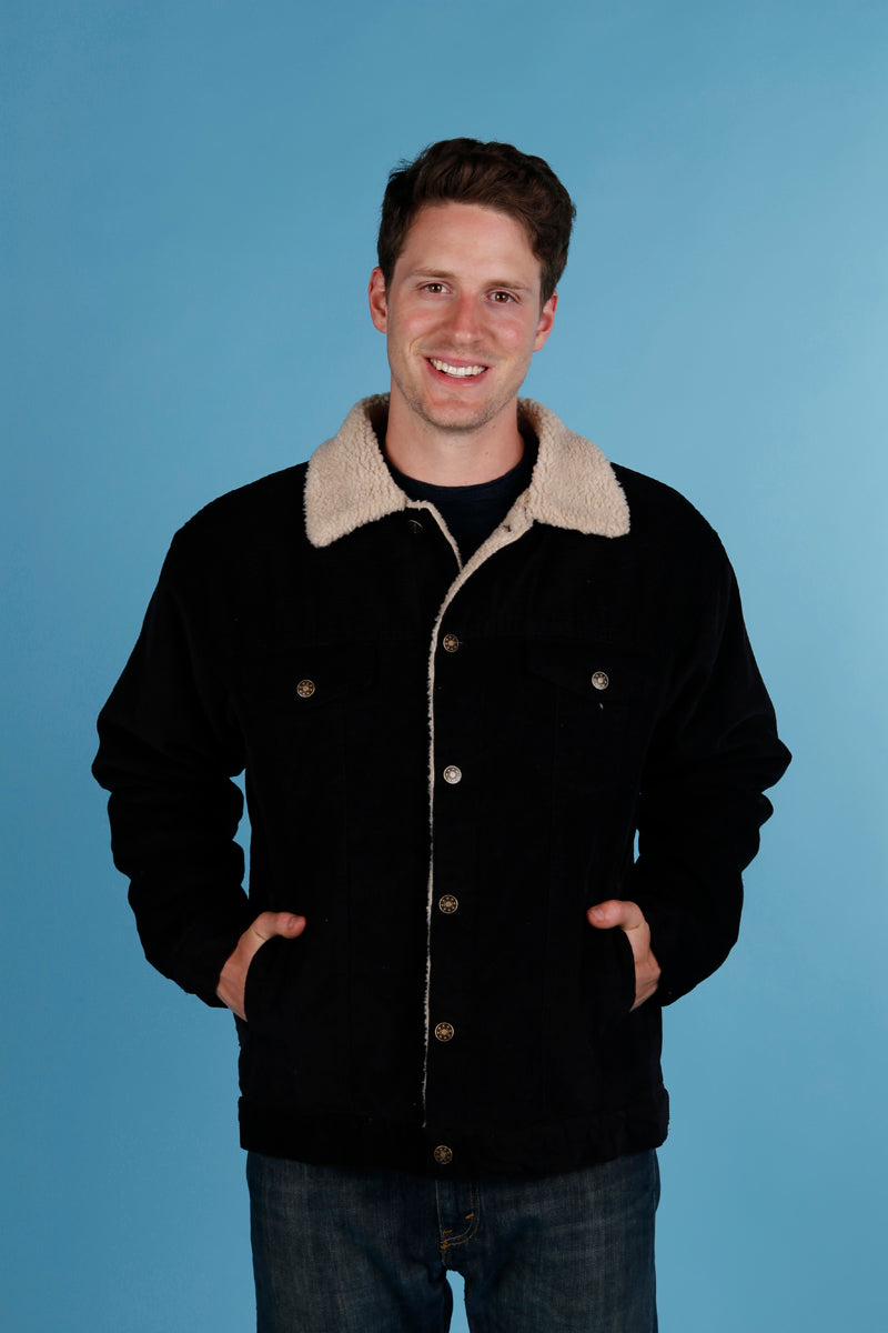 Maxxsel Apparel M0323 men's sherpa lined corduroy trucker jacket in black