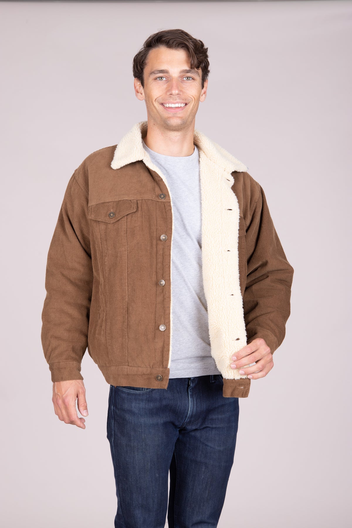 Maxxsel Apparel M0323 men's sherpa lined corduroy trucker jacket in khaki