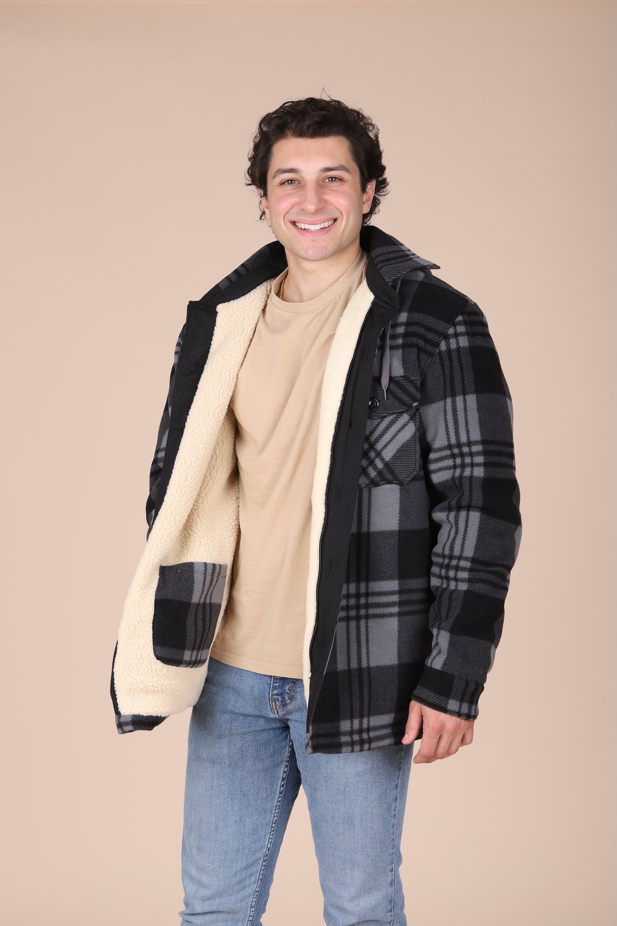 Maxxsel Apparel M4065 men's sherpa lined flannel shirt jacket in #237 black/gray plaid