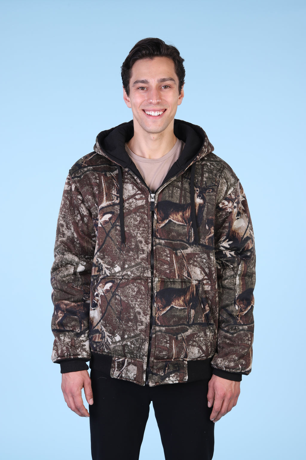 Maxxsel Apparel M1071 men's thermal lined camo hoodie in deer camo, front view prepack