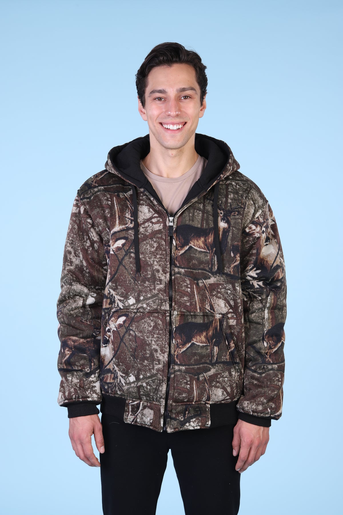 Maxxsel Apparel M1071 men's thermal lined camo hoodie in deer camo, front view prepack