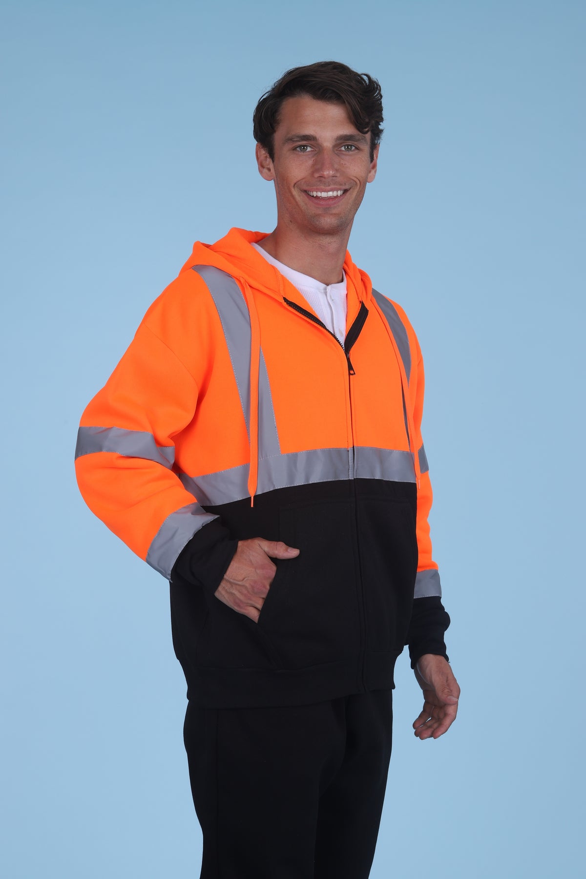 Maxxsel Apparel M3089 two-tone hi-vis safety fleece hoodie in orange/black prepack