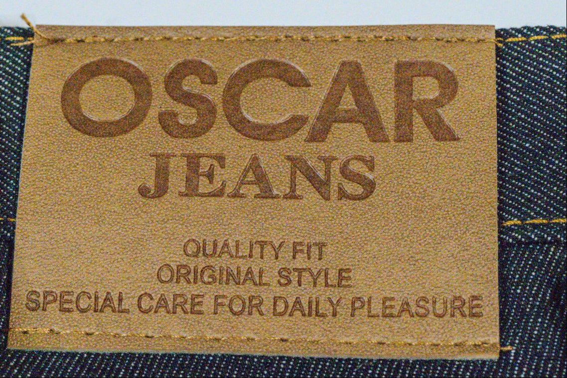 Leather Oscar Jeans waistband patch reading quality fit, original style