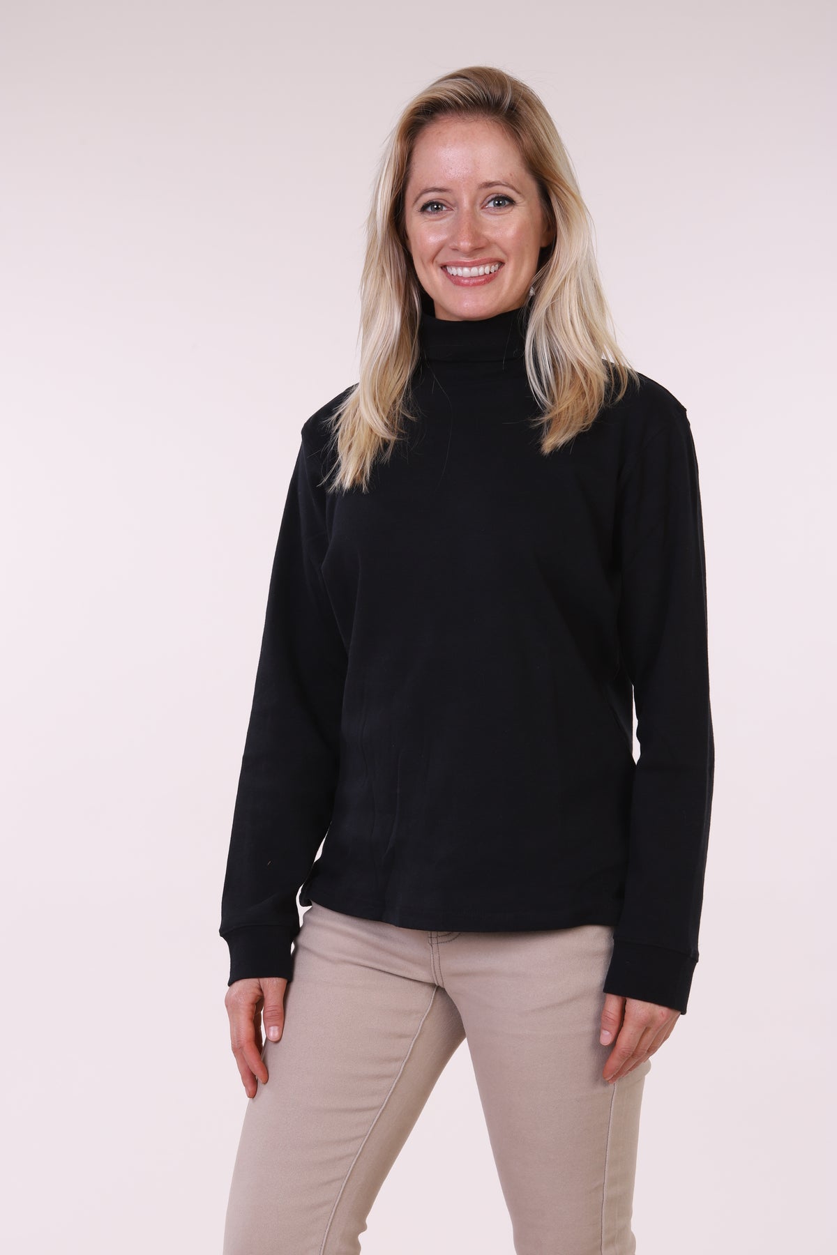 Maxxsel Apparel F3206 women's cotton turtleneck top in black prepack